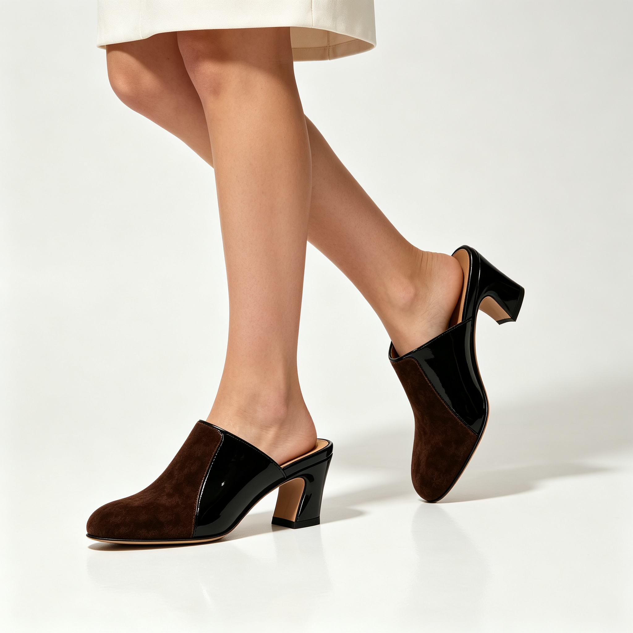 Brown Suede & Patent Leather Mixed‑Media Mule Heels