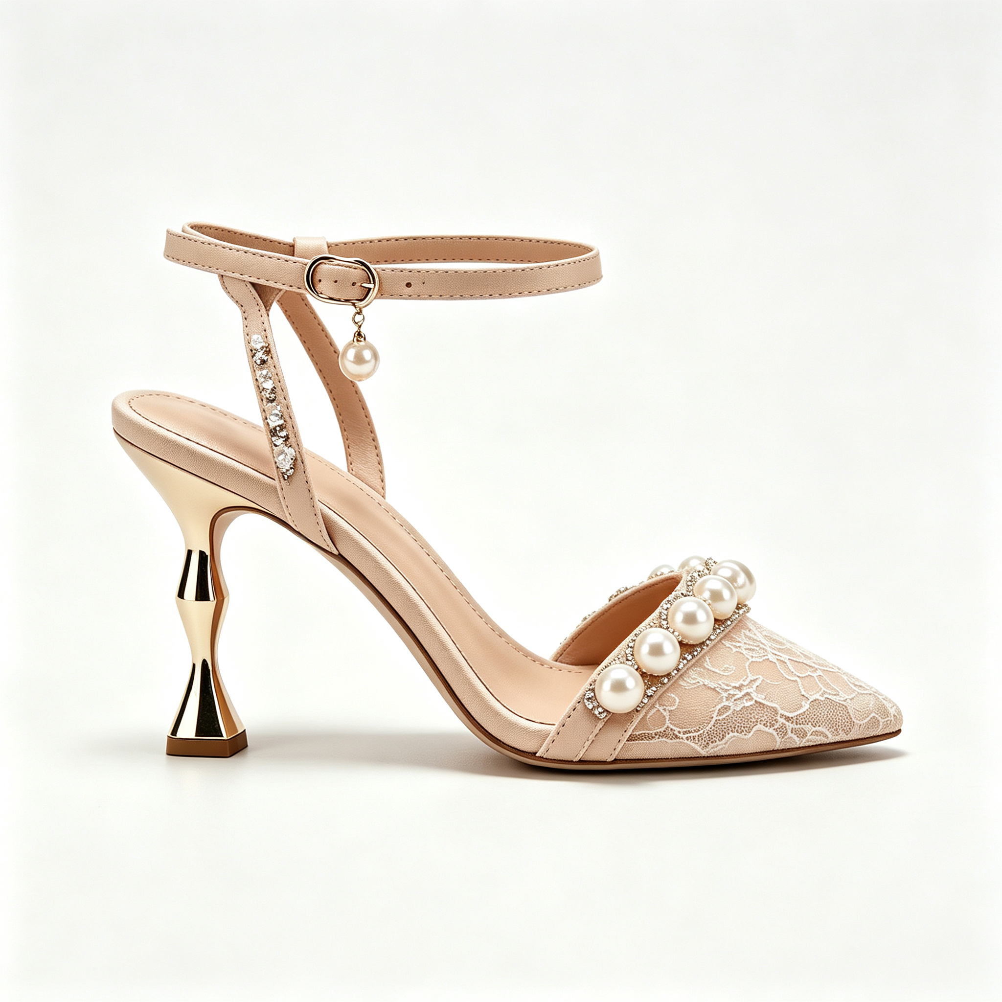 Nude Lace Pearl Accent Ankle‑Strap Pointed‑Toe Sculpted Heel Sandals