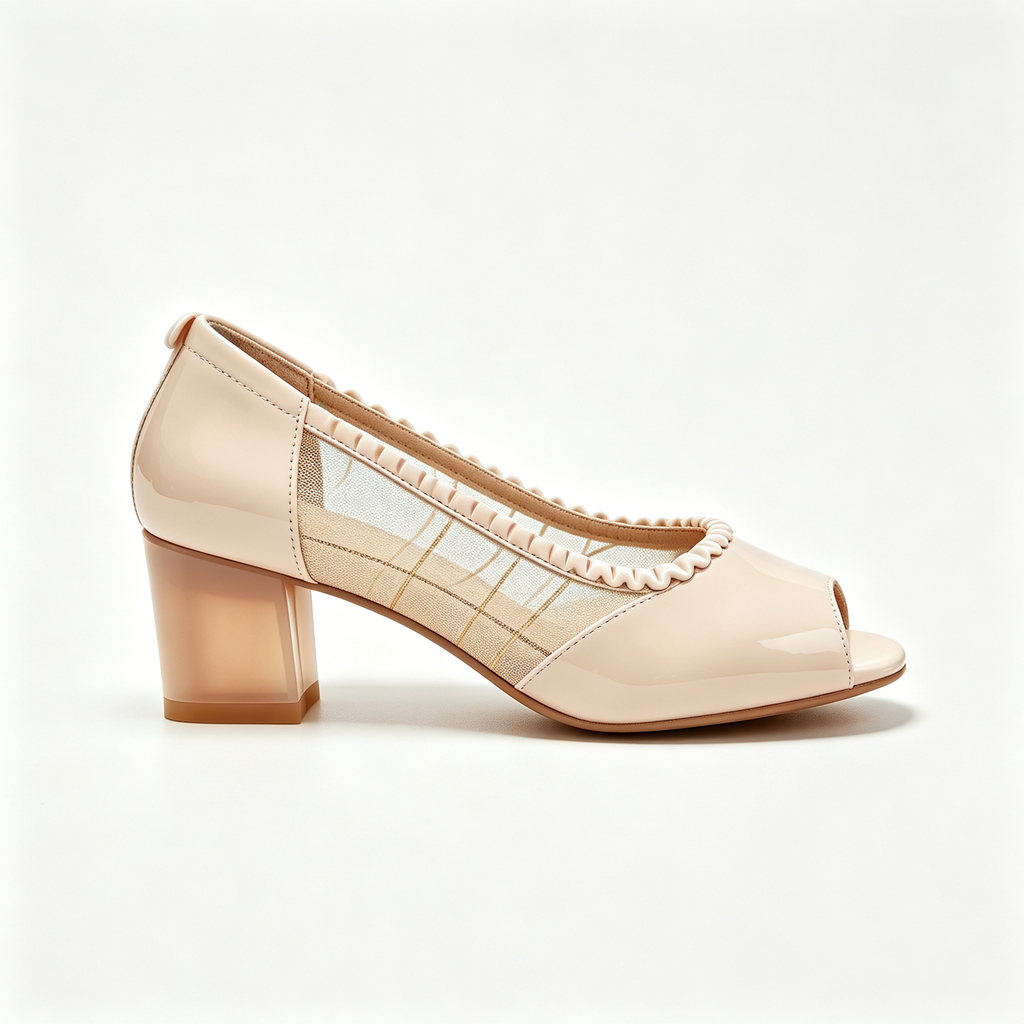 Nude Patent Mesh Peep-Toe Block Heel Pumps