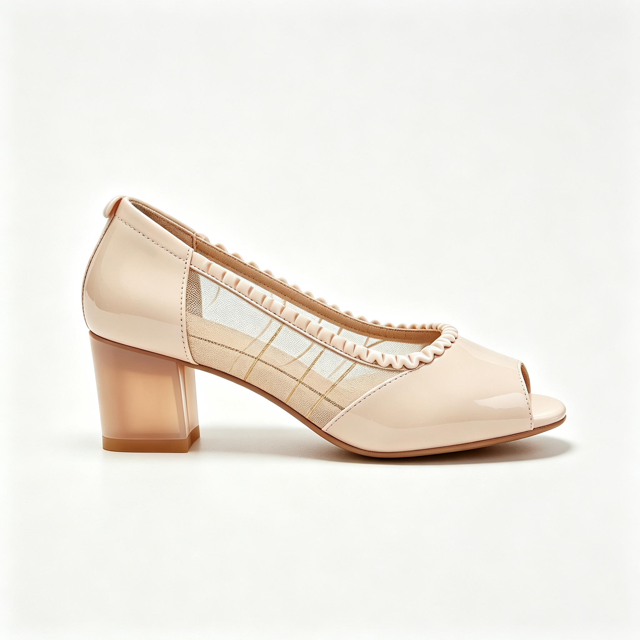 Nude Patent Mesh Peep-Toe Block Heel Pumps