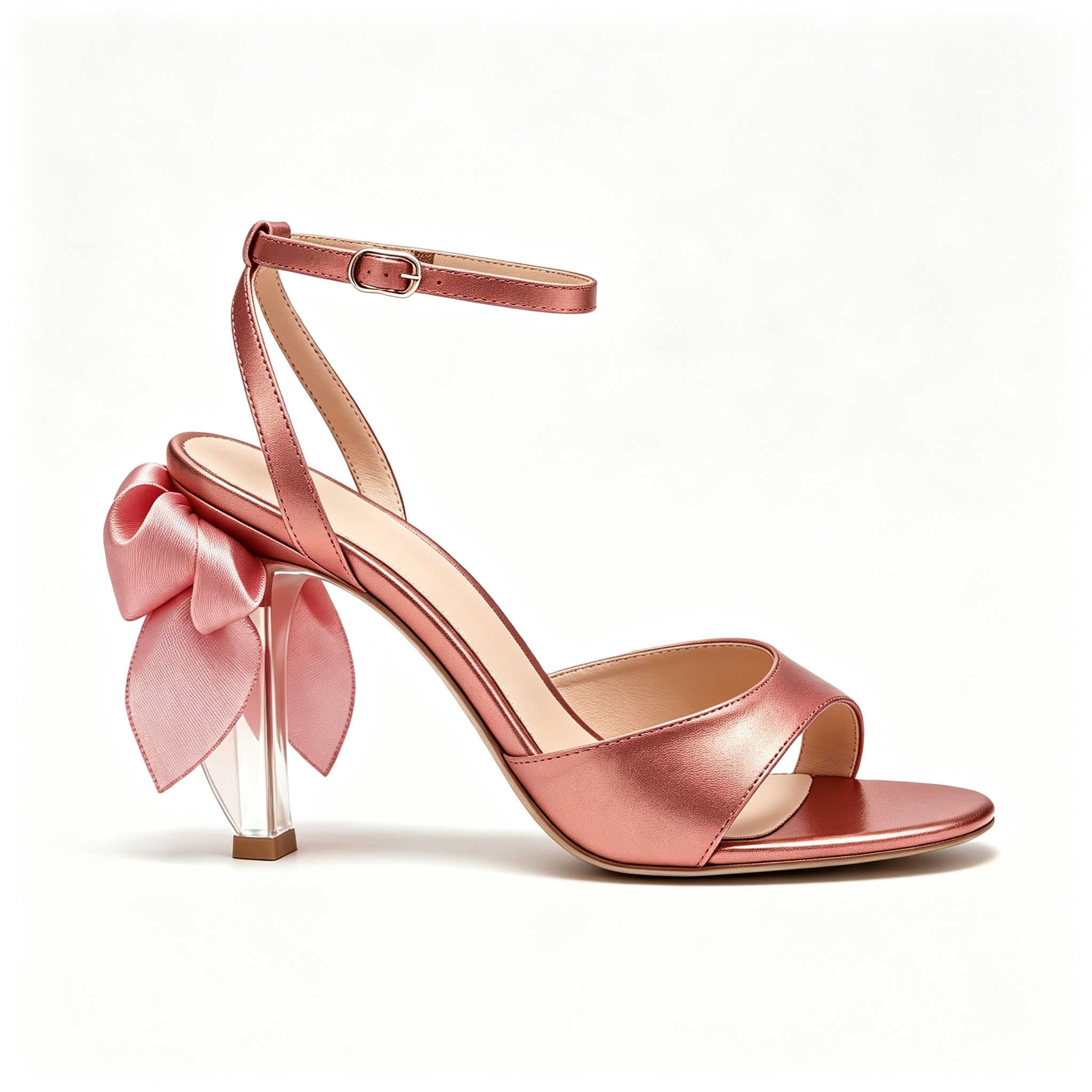 Rose Gold Metallic Satin Bow Clear Block Heel Ankle Strap Sandals