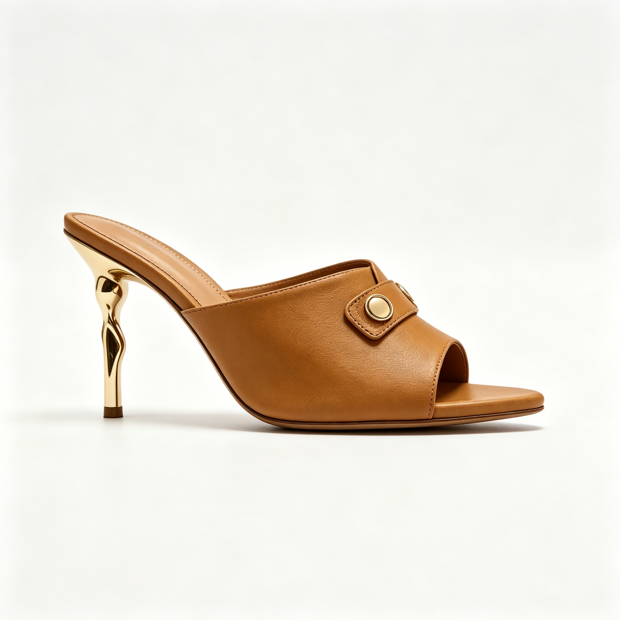 Caramel Tan Leather Gold Sculpted Heel Open‑Toe Mules