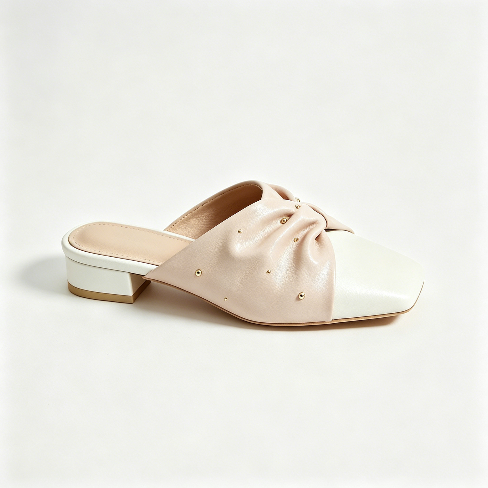 Two-Tone Nude White Studded Ruched Square Toe Flat Mules