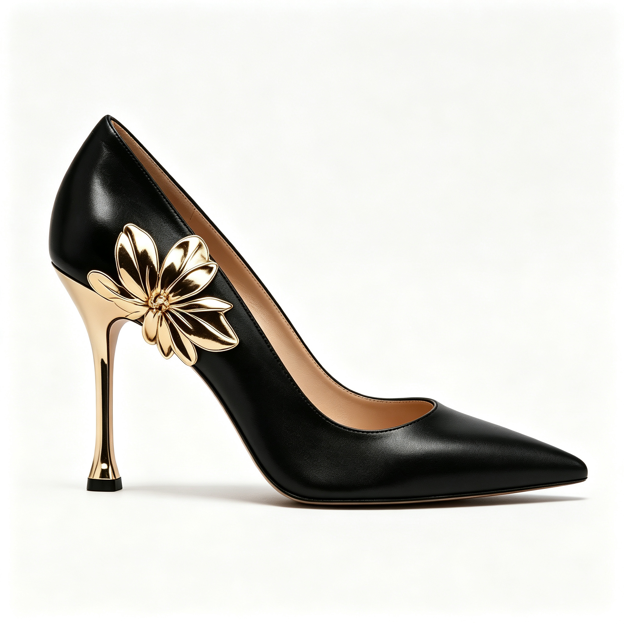 Black Smooth Leather Gold 3D Metal Flower Pointed Toe Stiletto Pumps