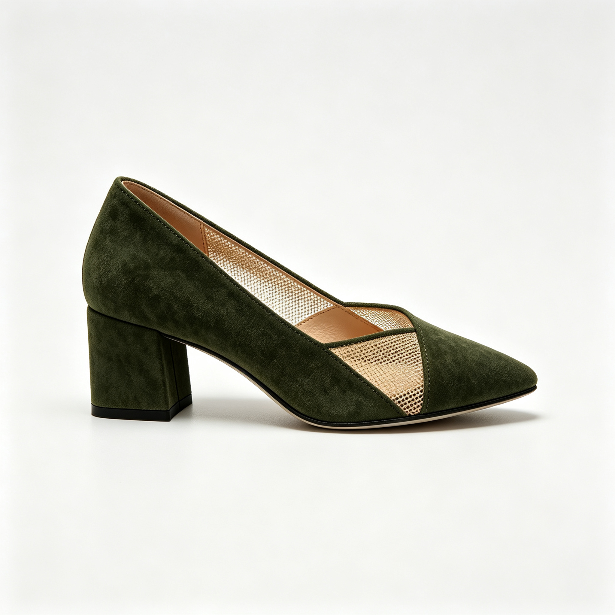 Dark Green Suede Mesh Inset Pointed Toe Block Heel Pumps