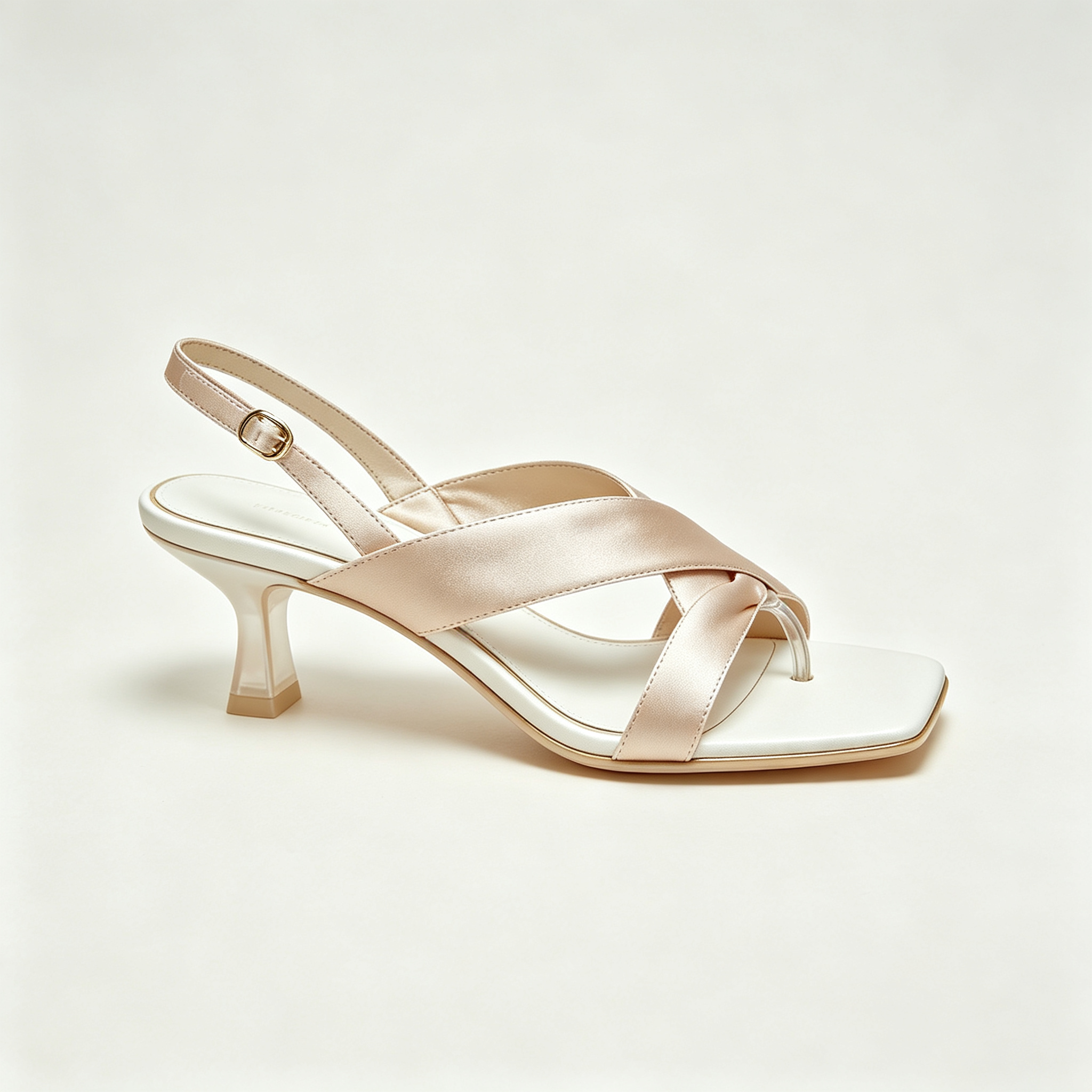 Champagne Satin Thong Slingback Kitten Heel Sandals