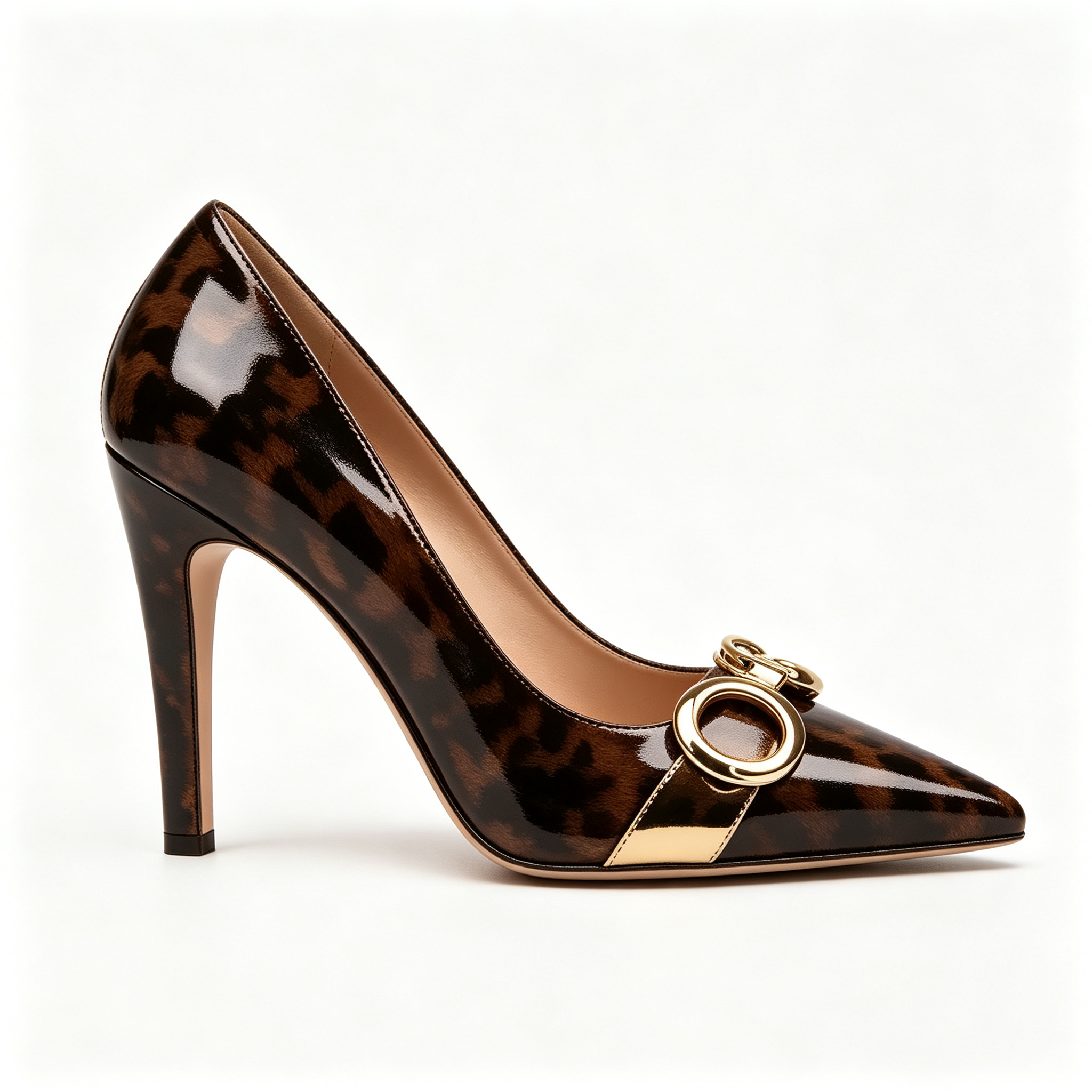 Glossy Leopard Print Patent Leather Gold Hardware Pointed‑Toe Pumps