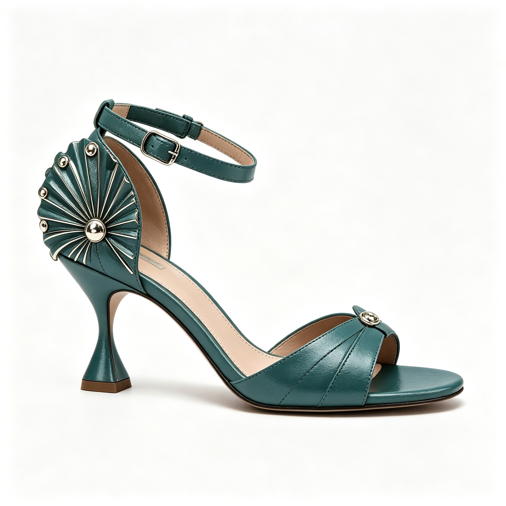 Deep Teal Retro Fan Metal Stud Flared Heel Ankle Strap Sandals