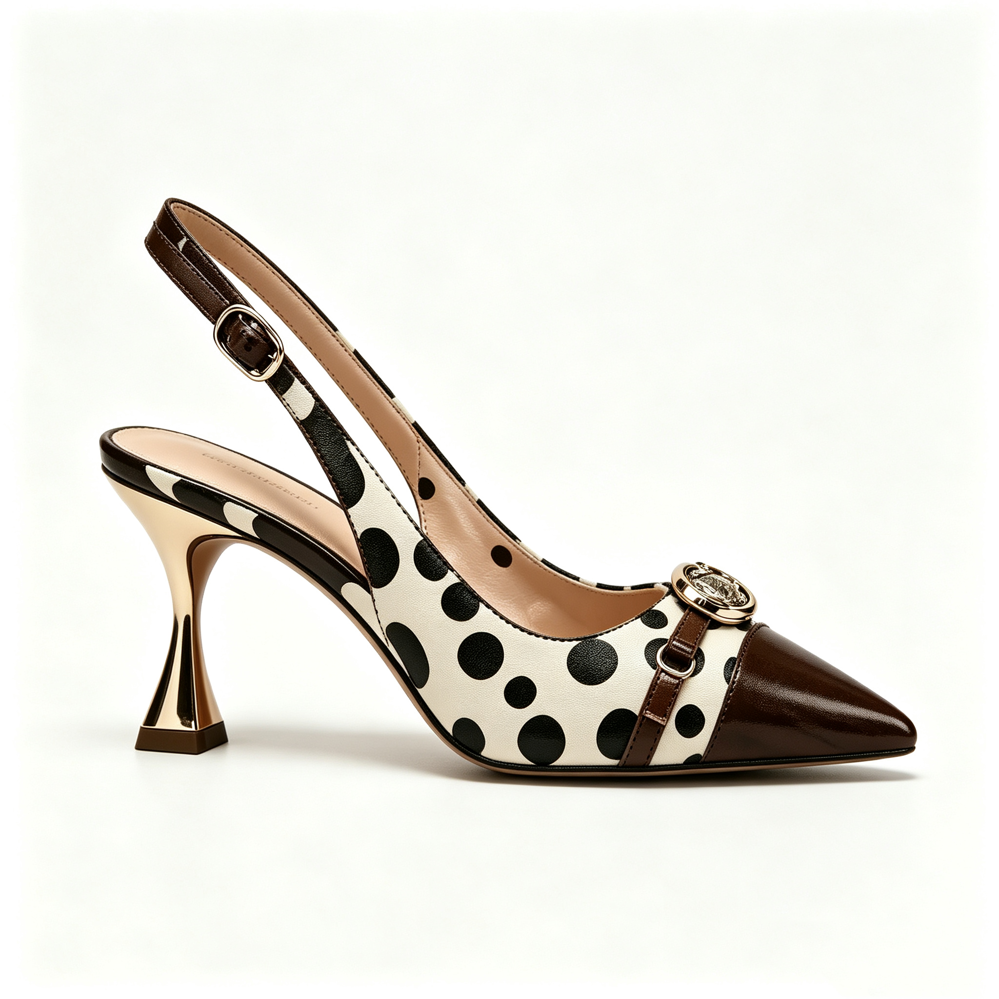 Two-Tone Polka Dot Slingback Heels with Leather Cap Toe