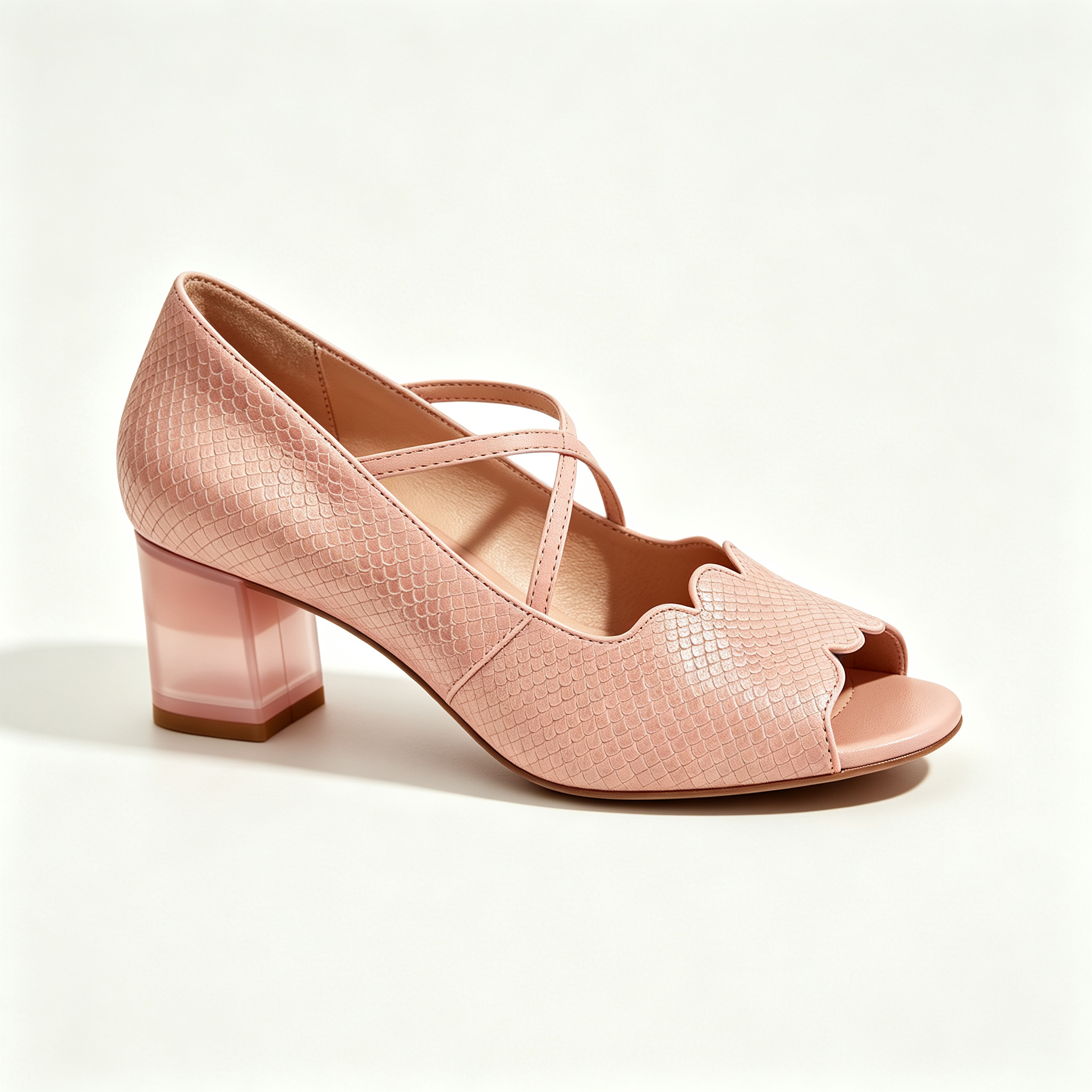 Pink Snake-Print Peep-Toe Cross Strap Block Heel Pumps