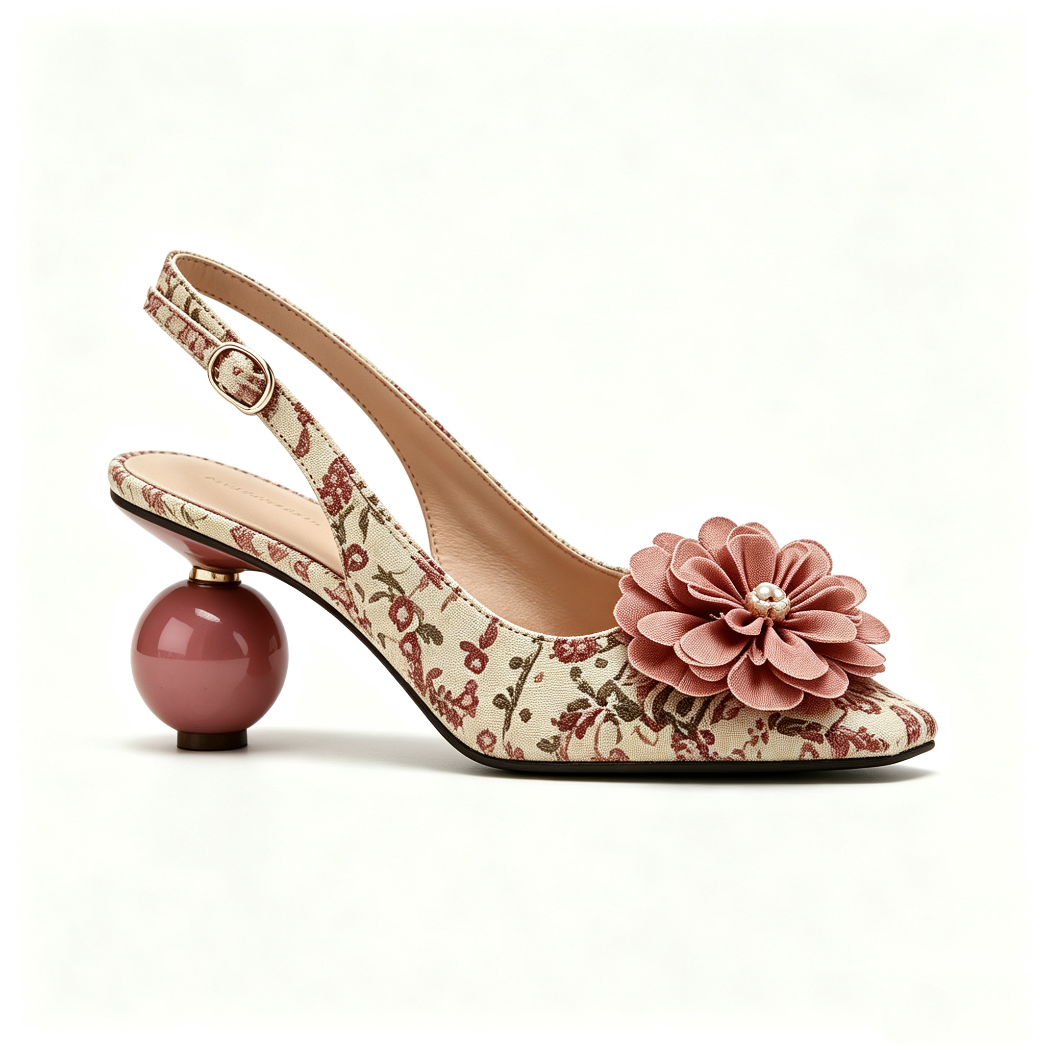 Vintage Floral Print Slingback Heels with Spherical Heel & Fabric Flower