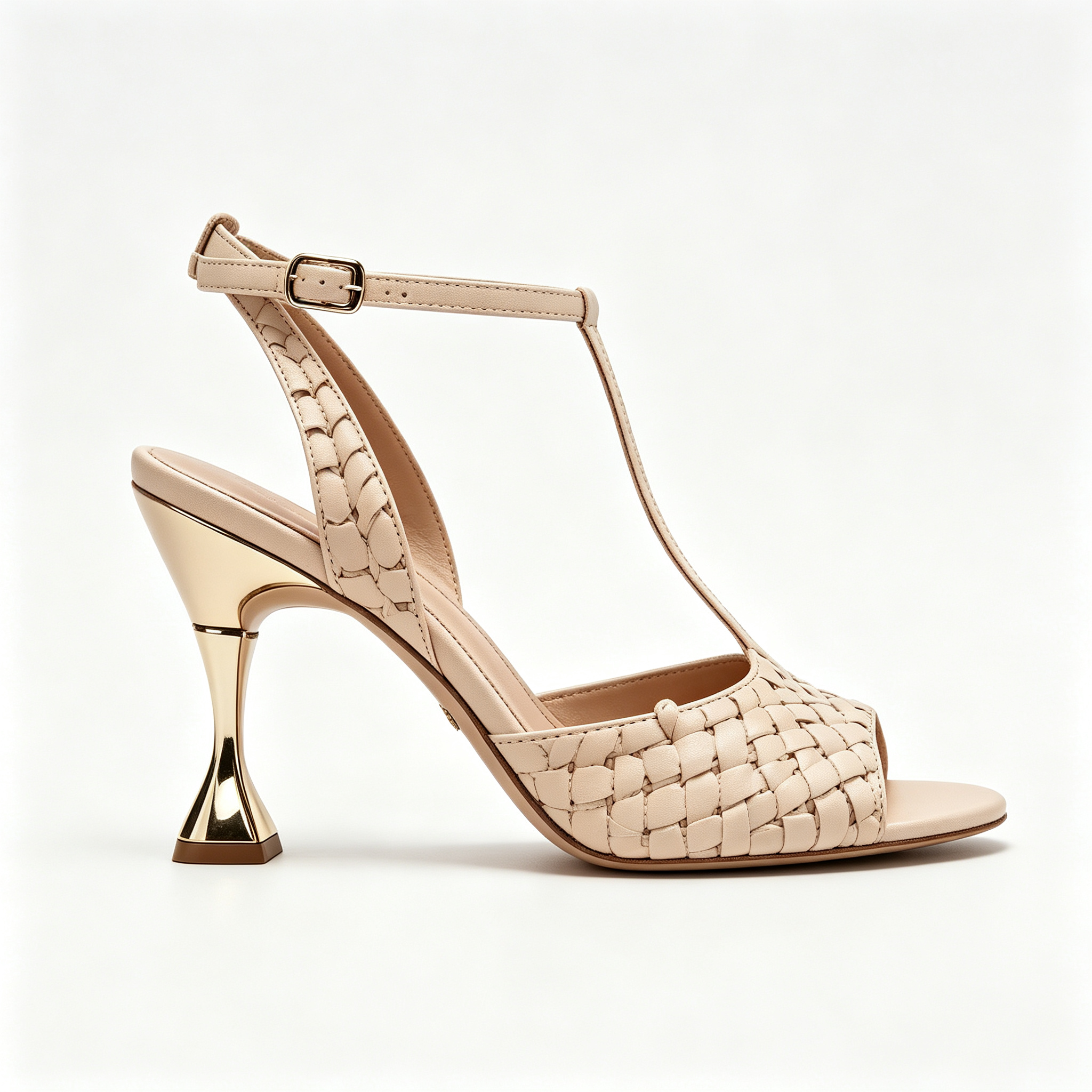 Nude Beige Woven Leather T‑Strap Sculpted Gold Heel Open‑Toe Sandals