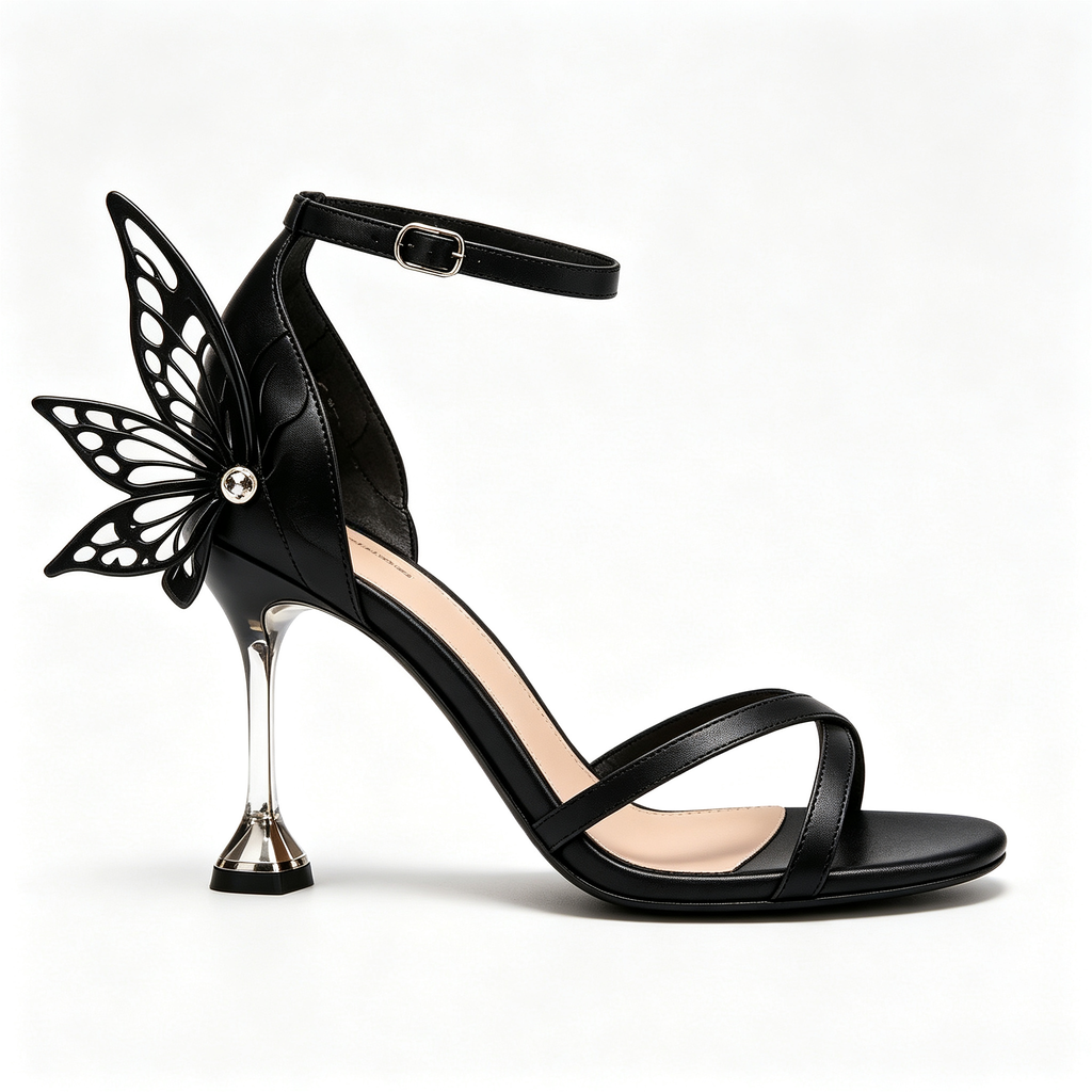 Black Leather 3D Butterfly Clear Stiletto Heel Ankle Strap Sandals