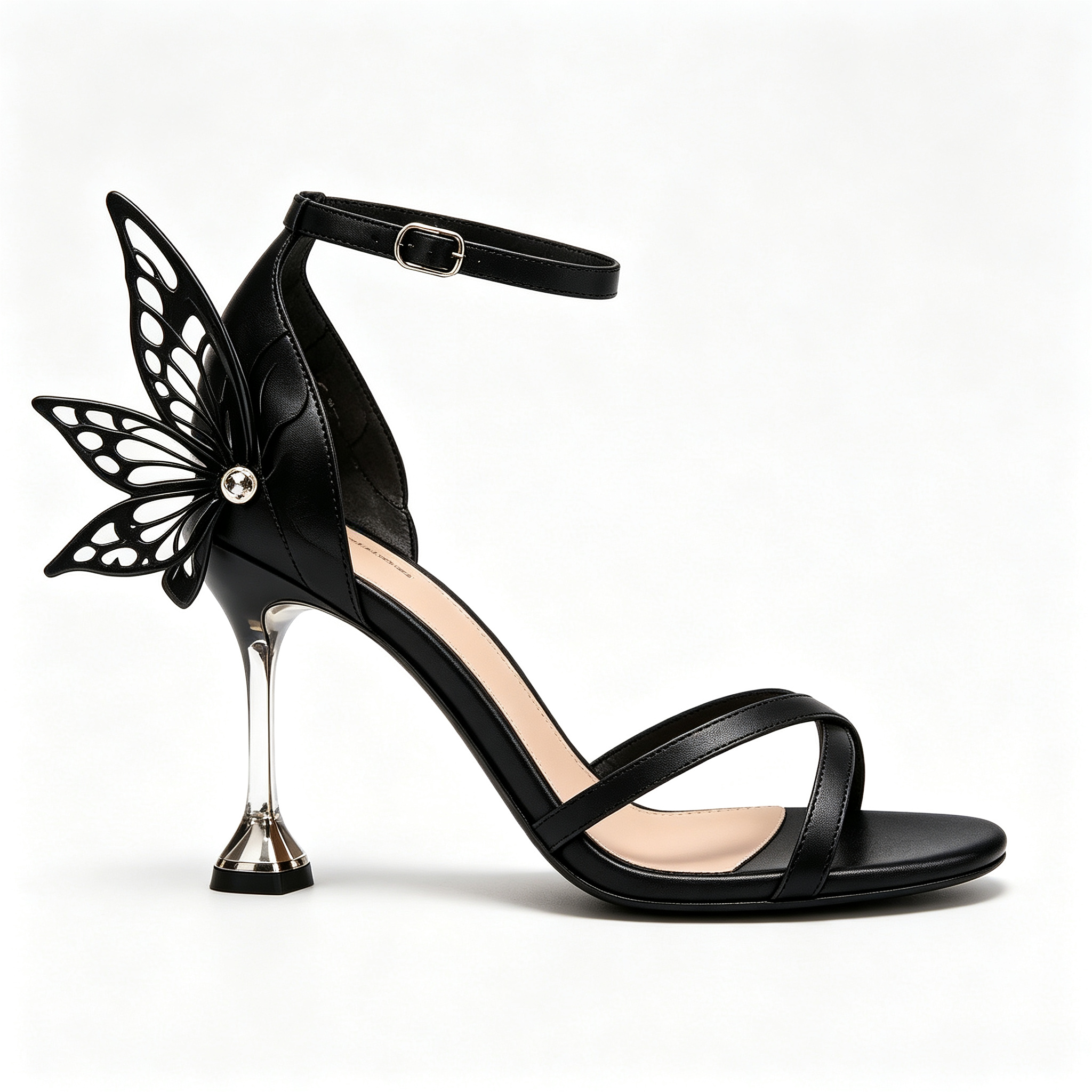 Black Leather 3D Butterfly Clear Stiletto Heel Ankle Strap Sandals