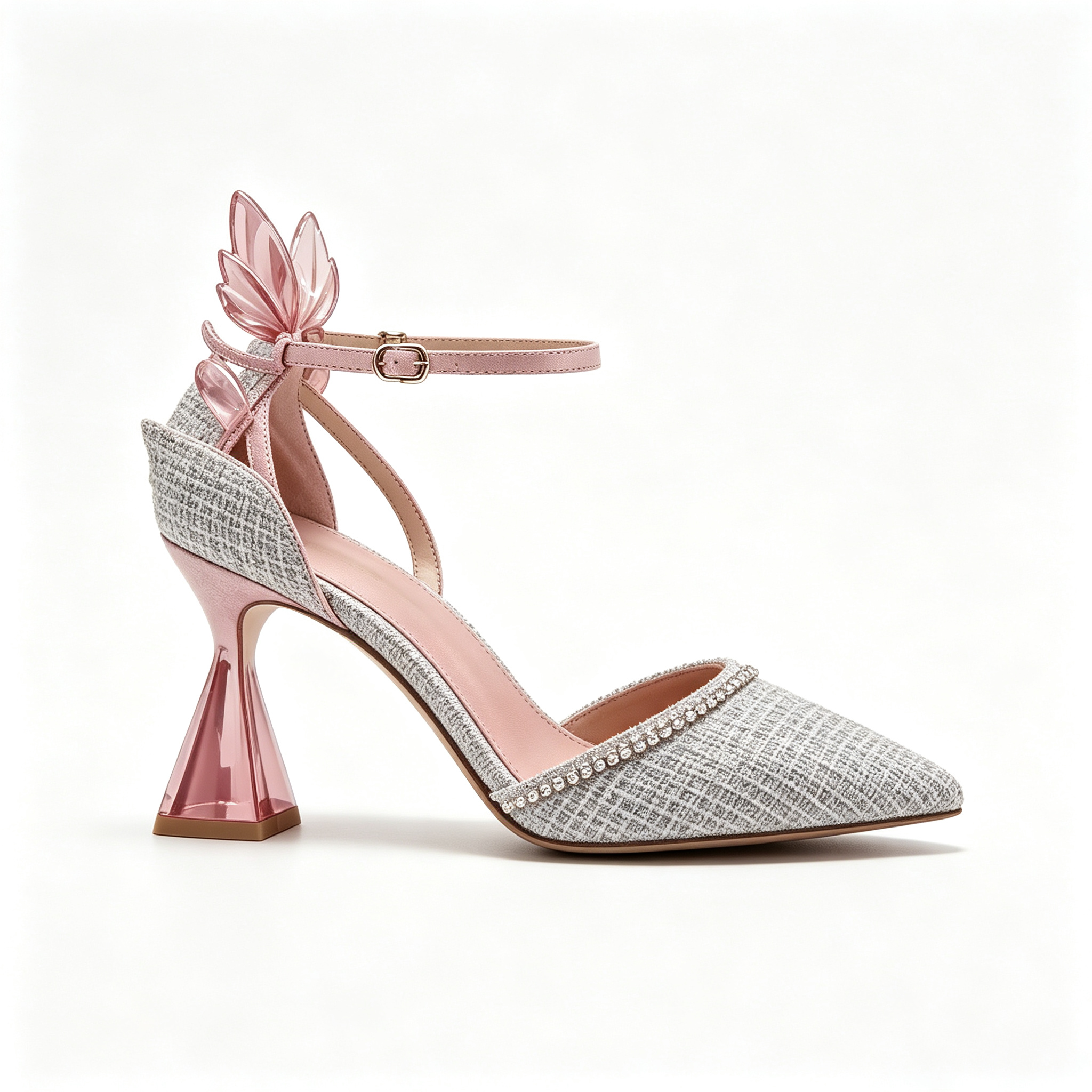Grey Tweed Crystal Trim Pink Leaf Sculpted Flared Heel Slingback Pumps