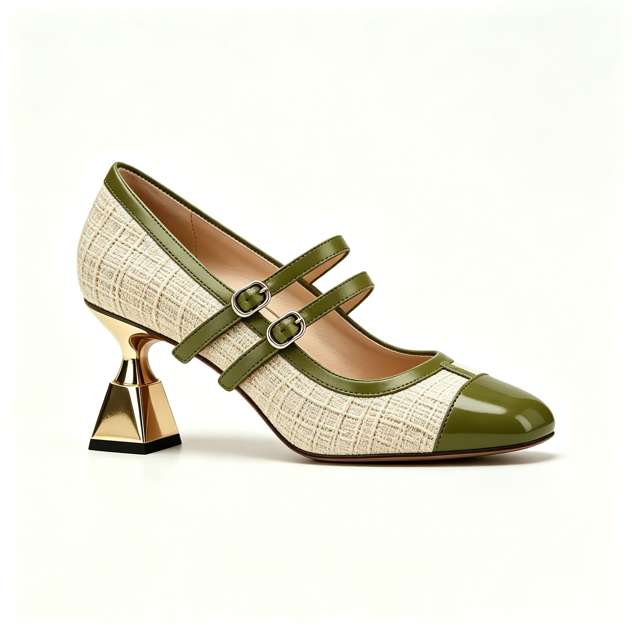 Cream Tweed Mary Jane Heels with Green Leather Trim