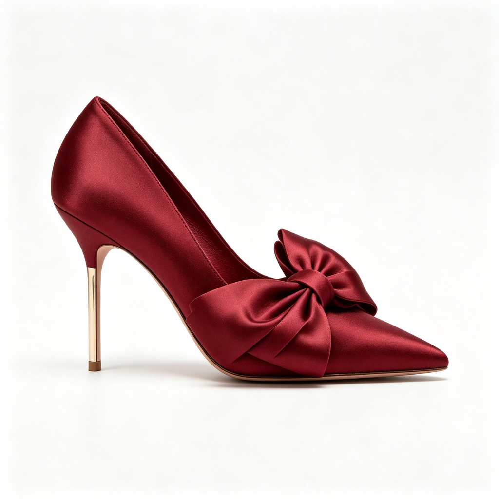 Deep Burgundy Satin Oversized Bow Pointed‑Toe Stiletto Pumps
