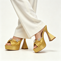 Luxe Gold Satin Pleated Crystal Embellished Platform Mule Heels