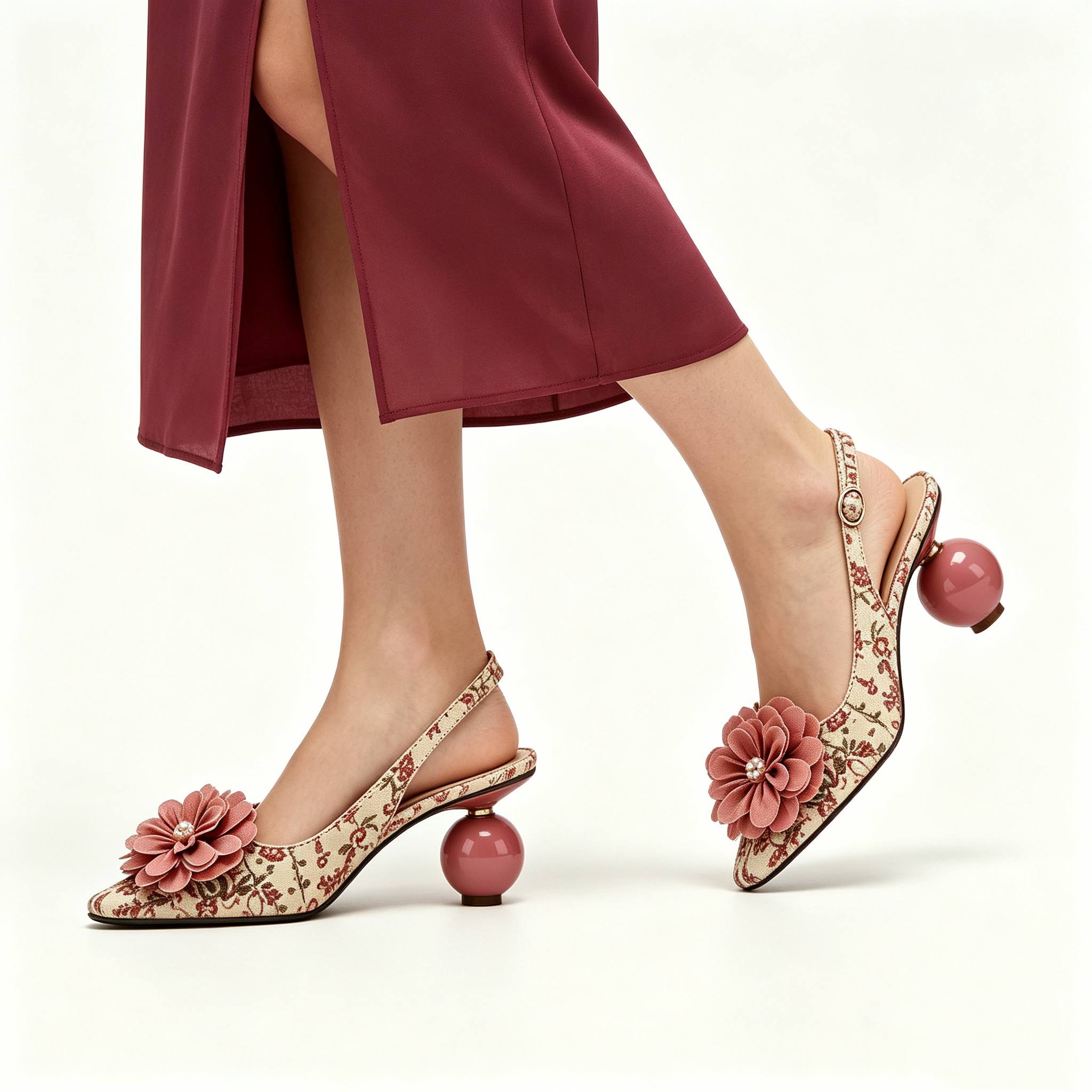 Vintage Floral Print Slingback Heels with Spherical Heel & Fabric Flower
