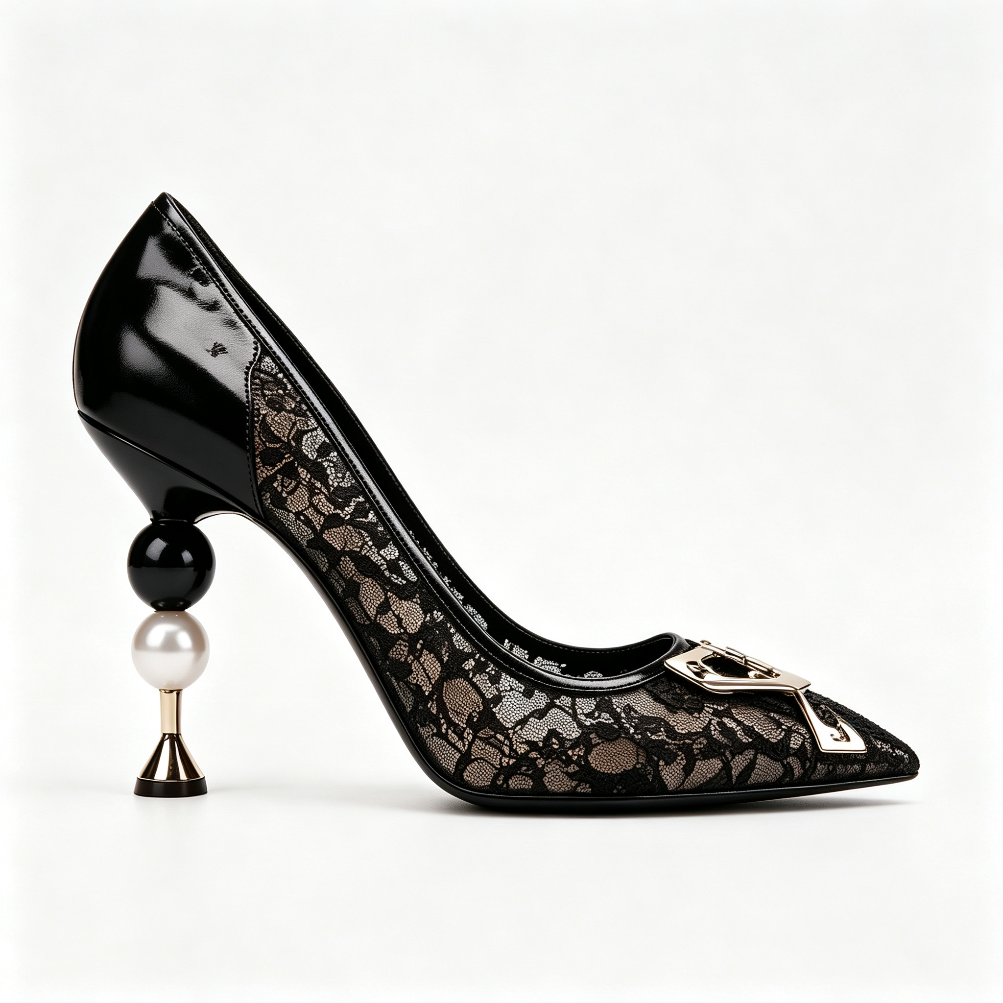 Black Sheer Lace Pearl Sphere Heel Metal Buckle Pointed‑Toe Pumps