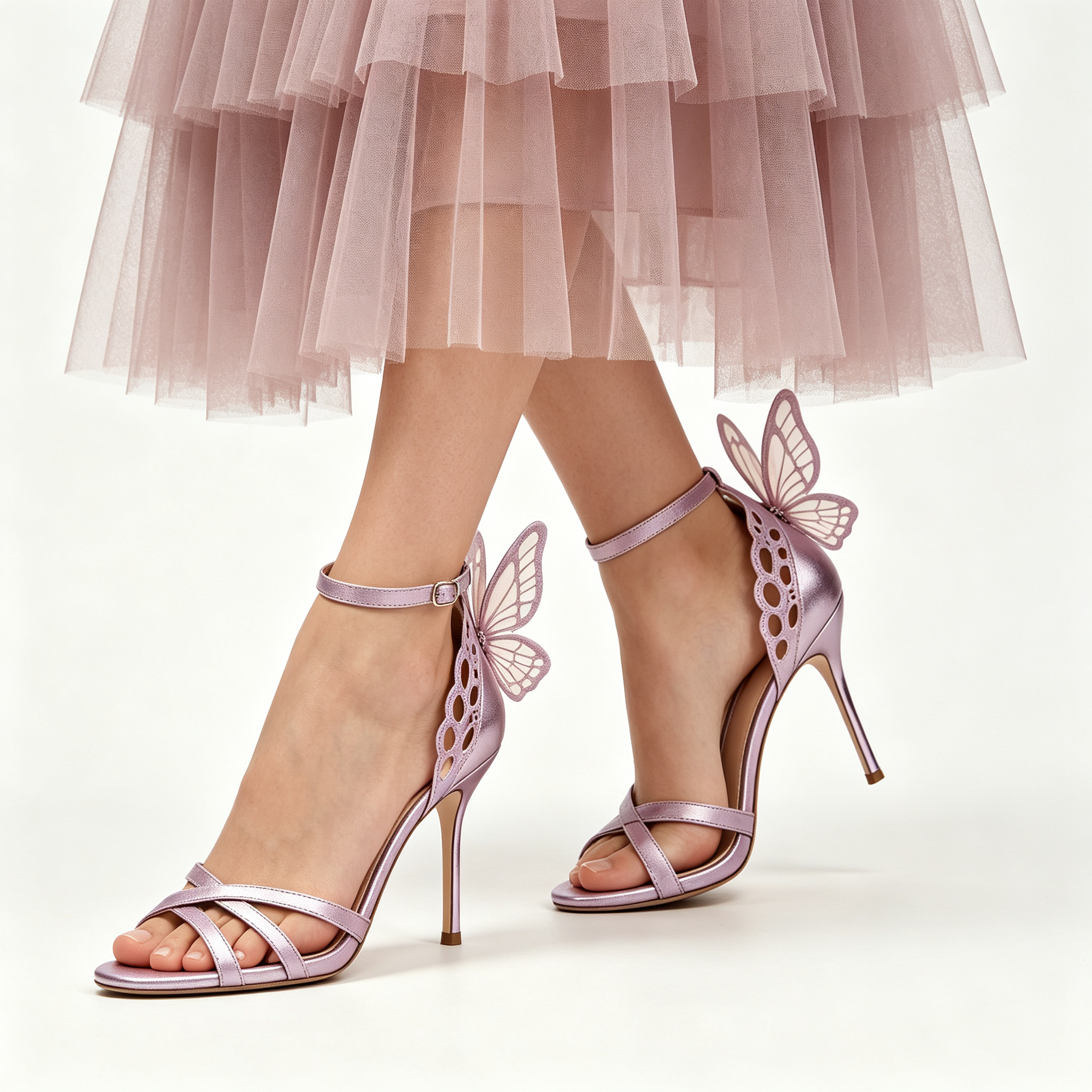 Metallic Lavender 3D Butterfly Cutout Ankle‑Strap Stiletto Sandals