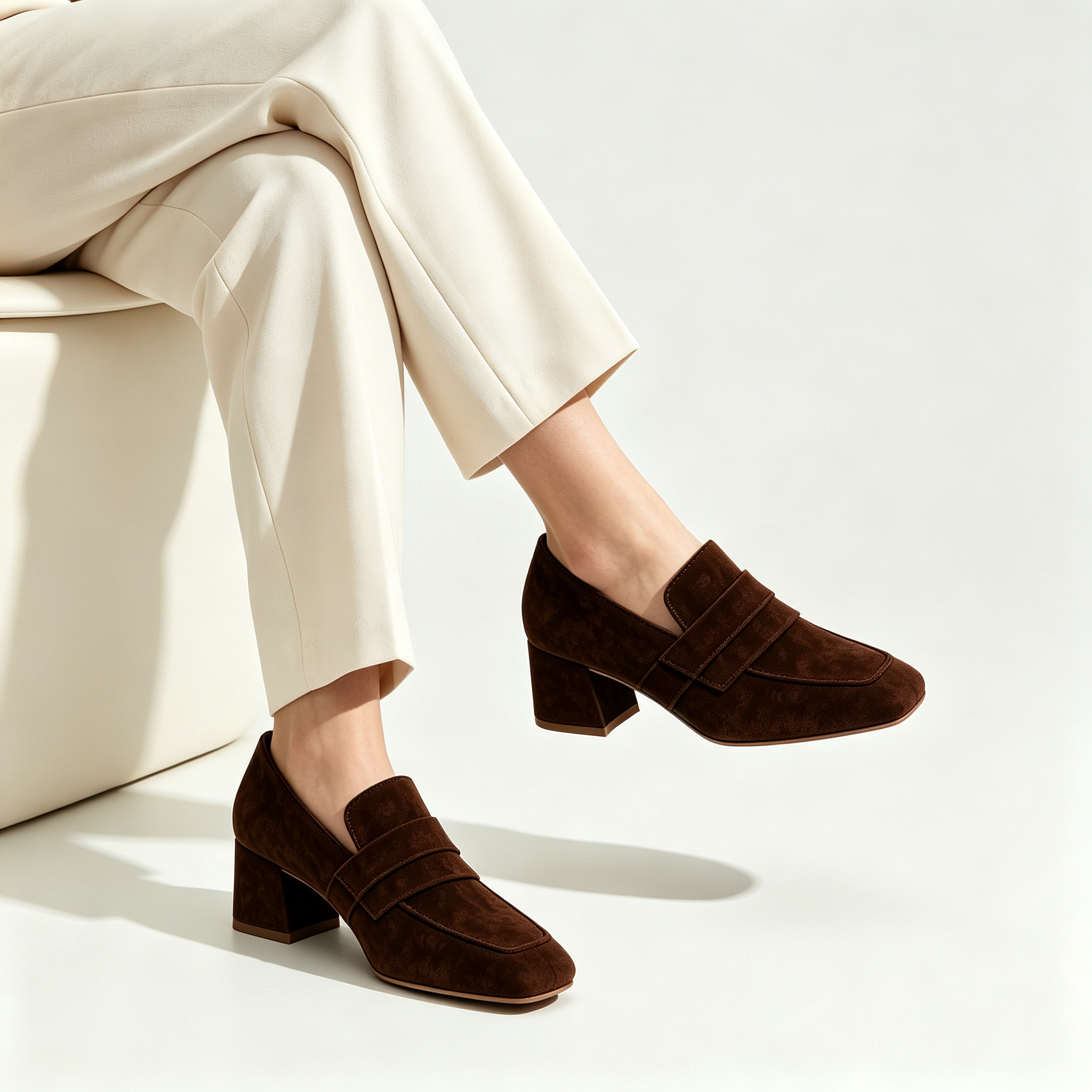 Dark Brown Suede Square Toe Loafer Block Heels