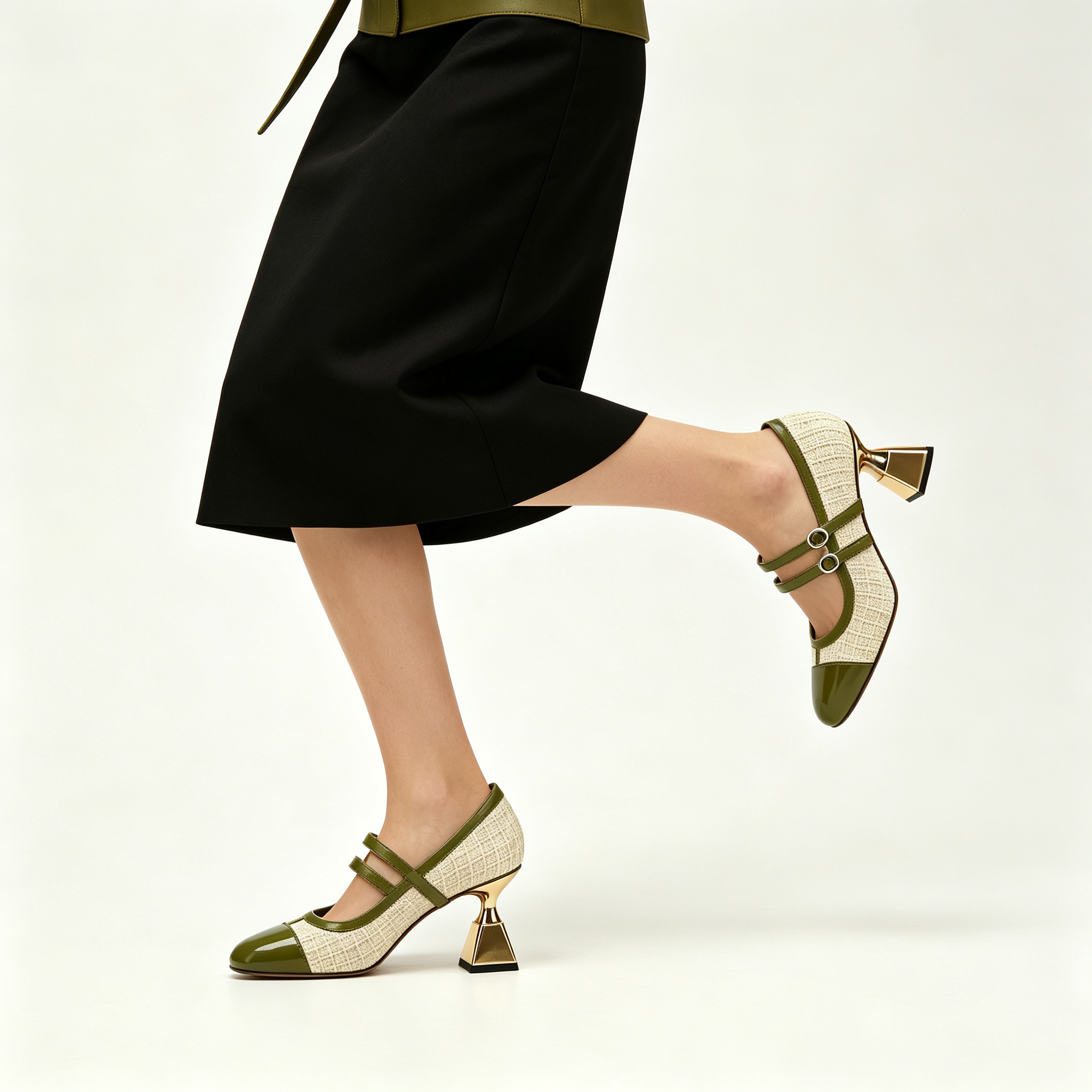 Cream Tweed Mary Jane Heels with Green Leather Trim