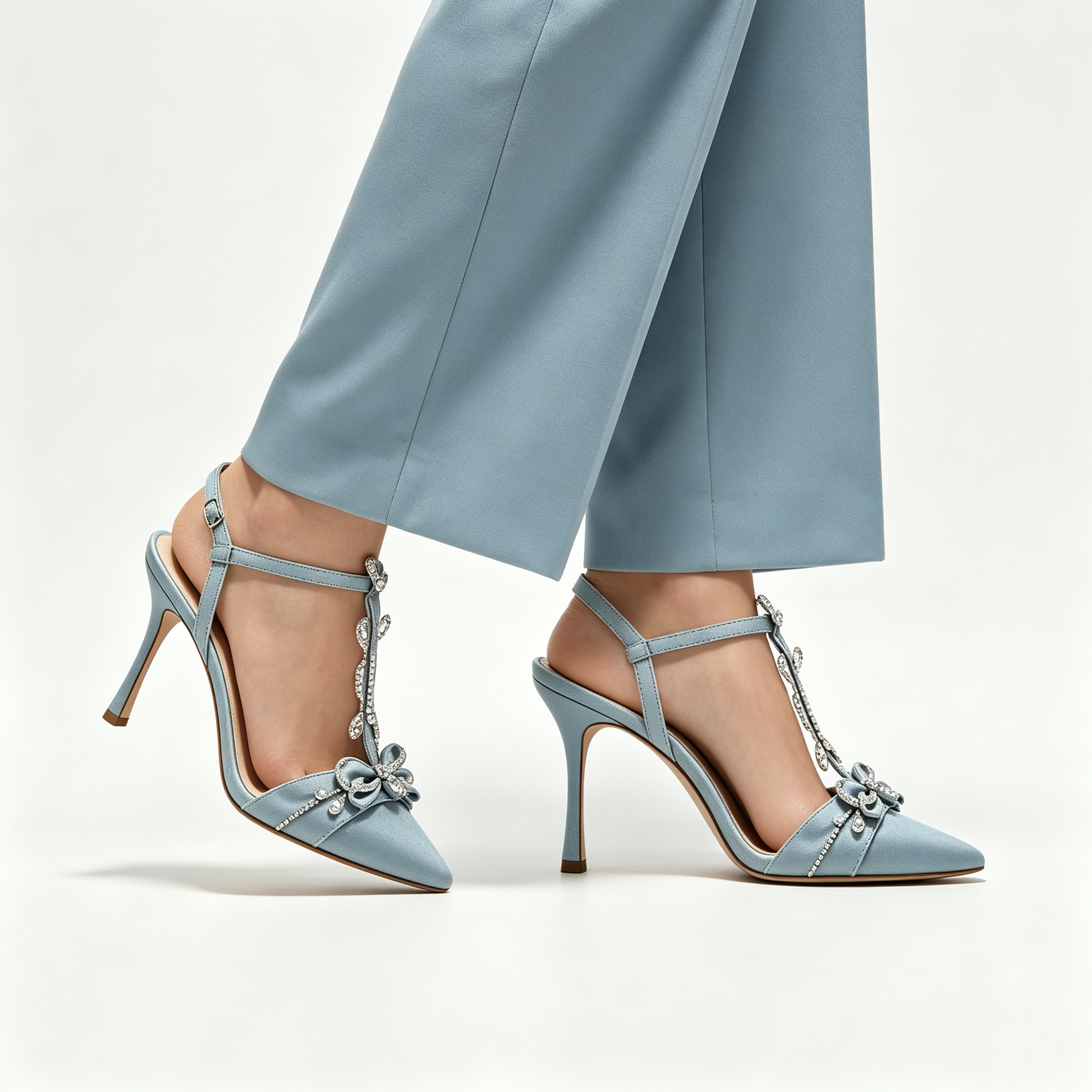 Dusty Blue Satin Crystal Bow T‑Strap Slingback Pointed Heels