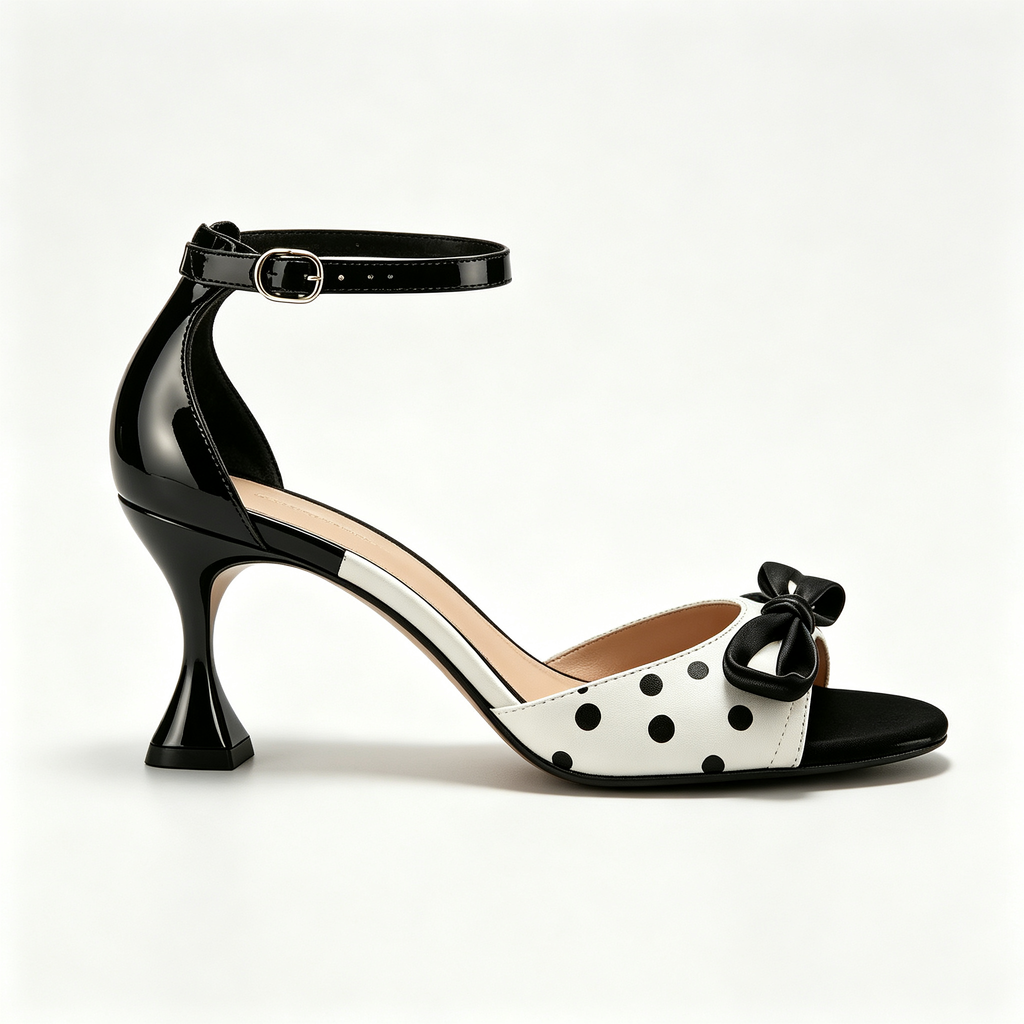 Black and White Polka Dot Ankle Strap Heeled Sandals with Bow Detail