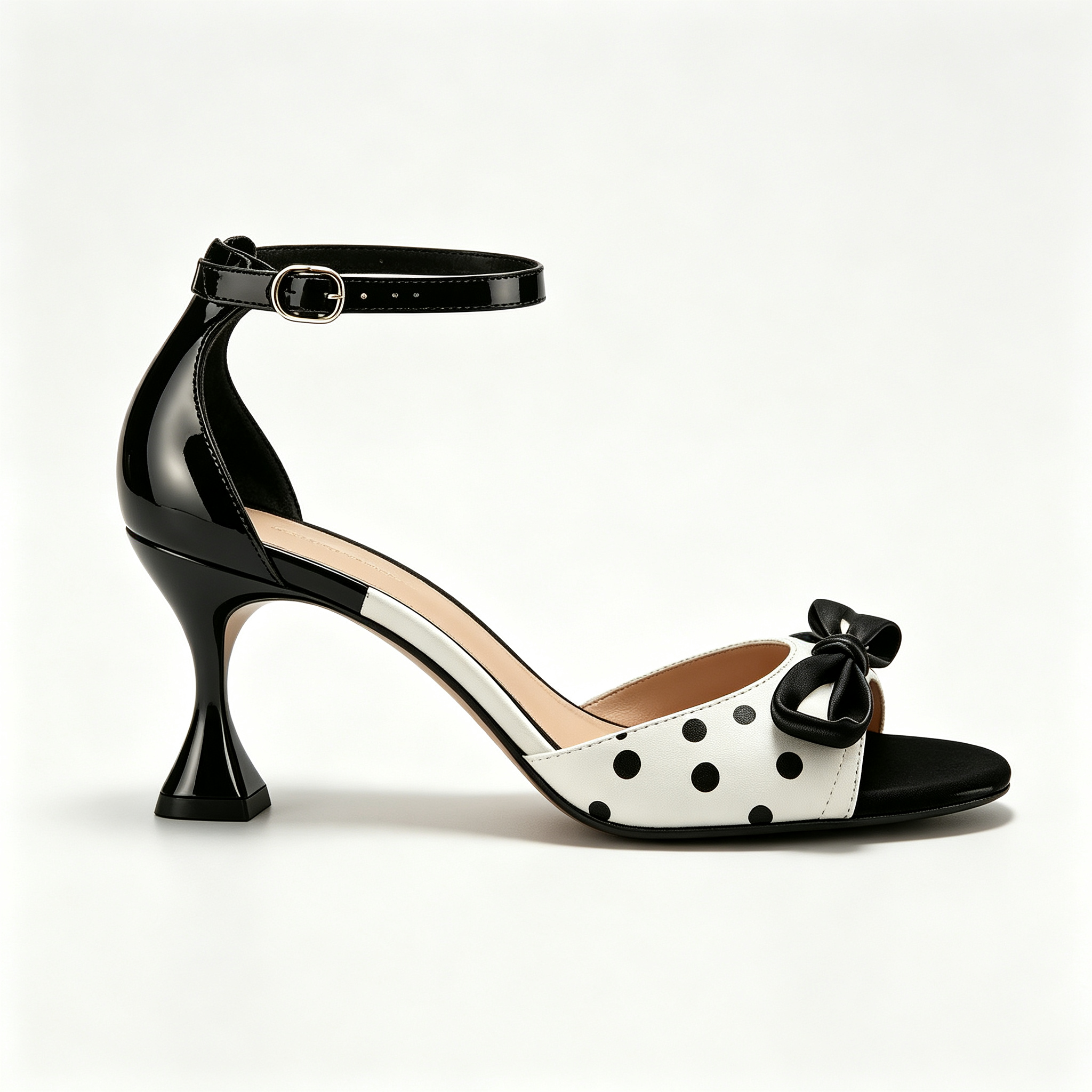 Black and White Polka Dot Ankle Strap Heeled Sandals with Bow Detail