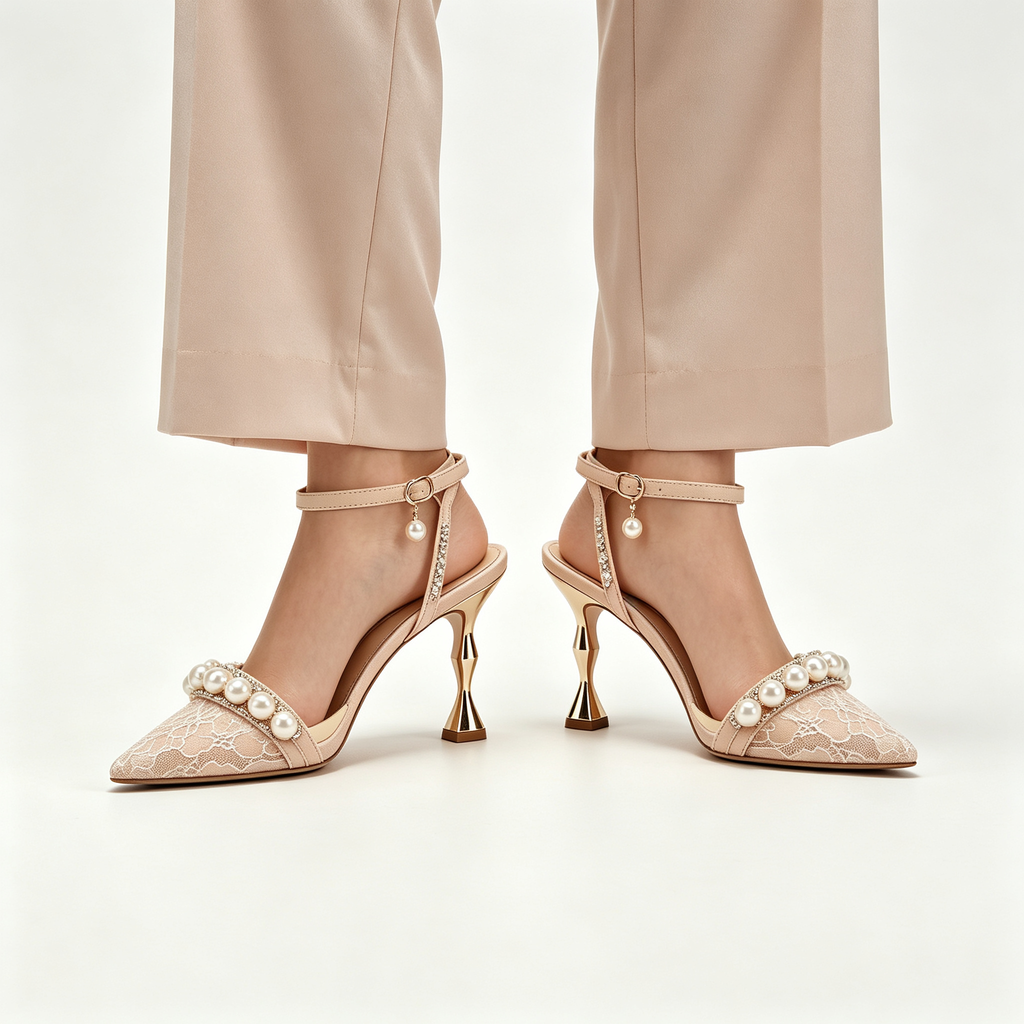Nude Lace Pearl Accent Ankle‑Strap Pointed‑Toe Sculpted Heel Sandals