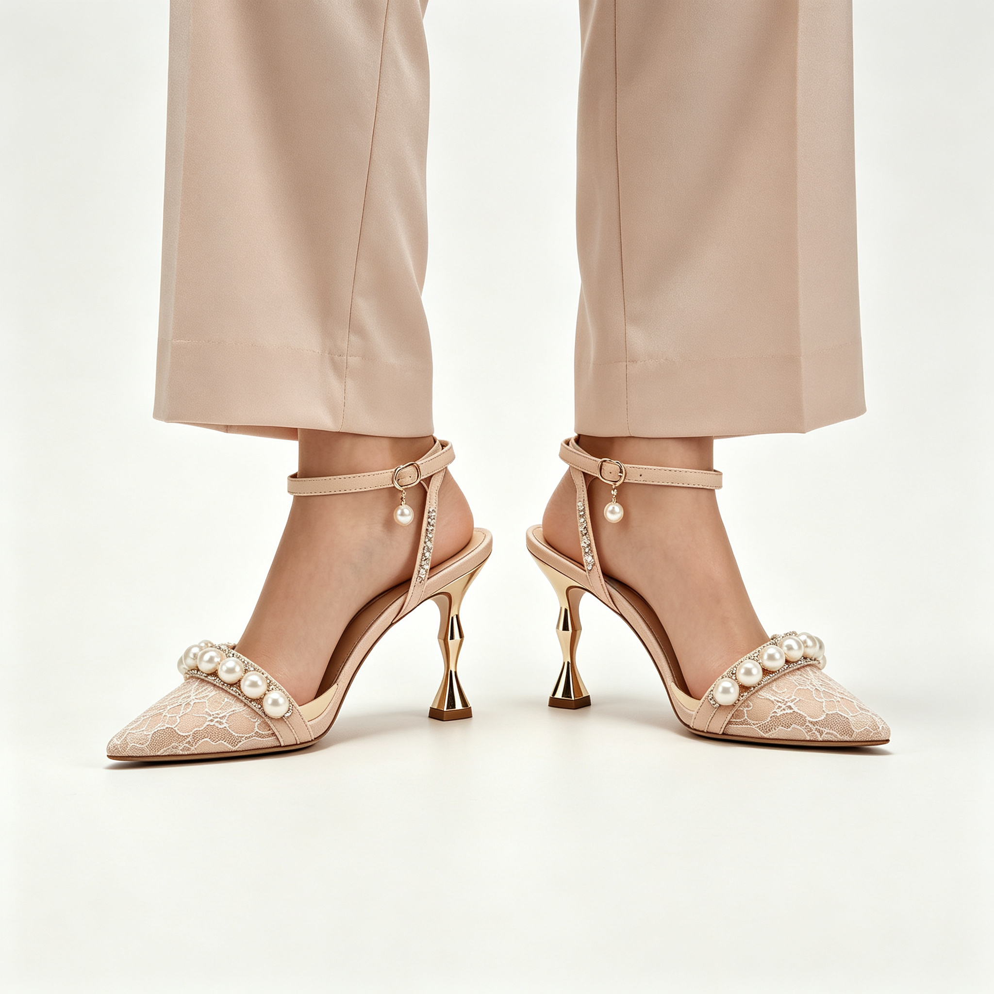 Nude Lace Pearl Accent Ankle‑Strap Pointed‑Toe Sculpted Heel Sandals