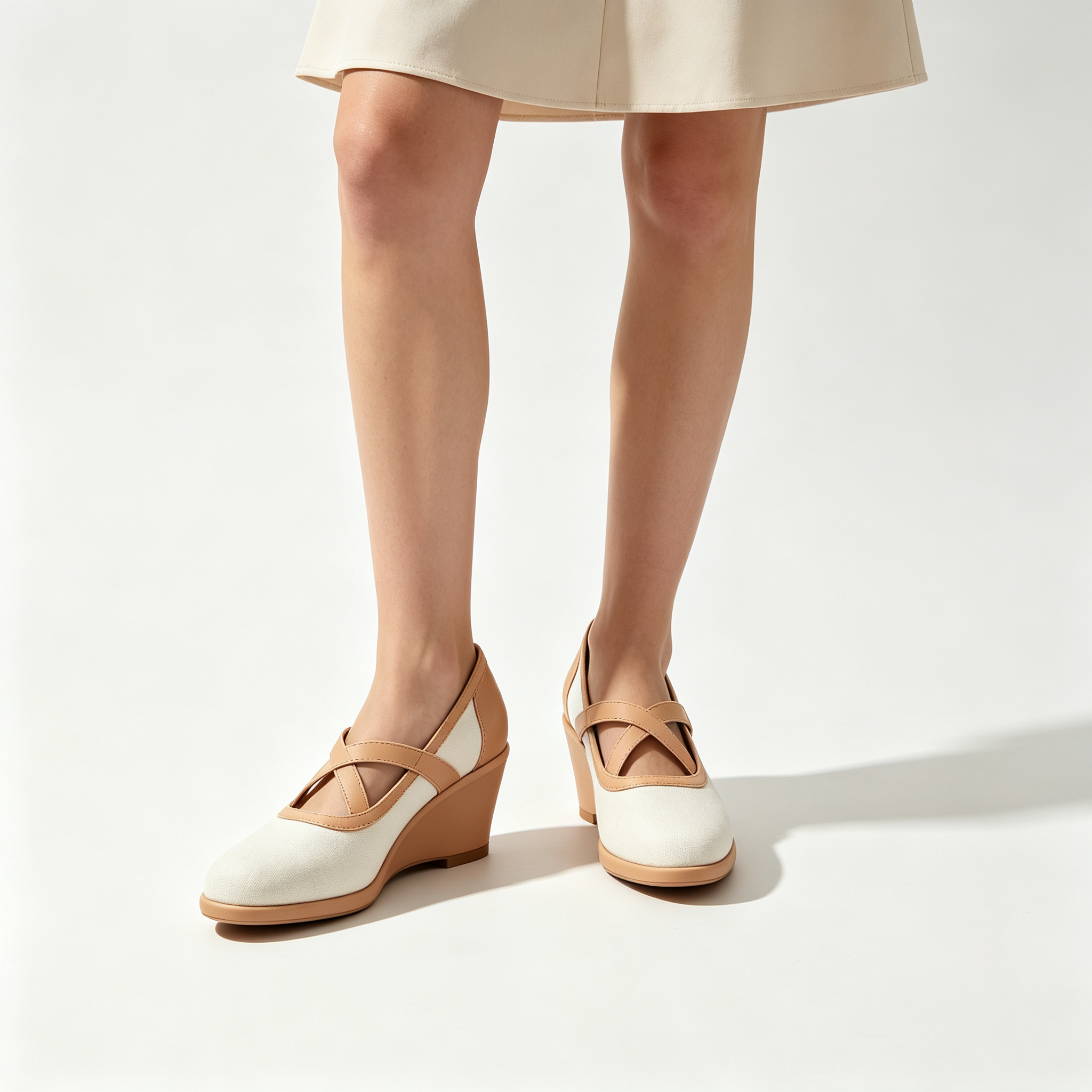 Beige Canvas Leather Cross-Strap Wedge Heel Pumps