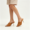 Caramel Tan Leather Gold Sculpted Heel Open‑Toe Mules