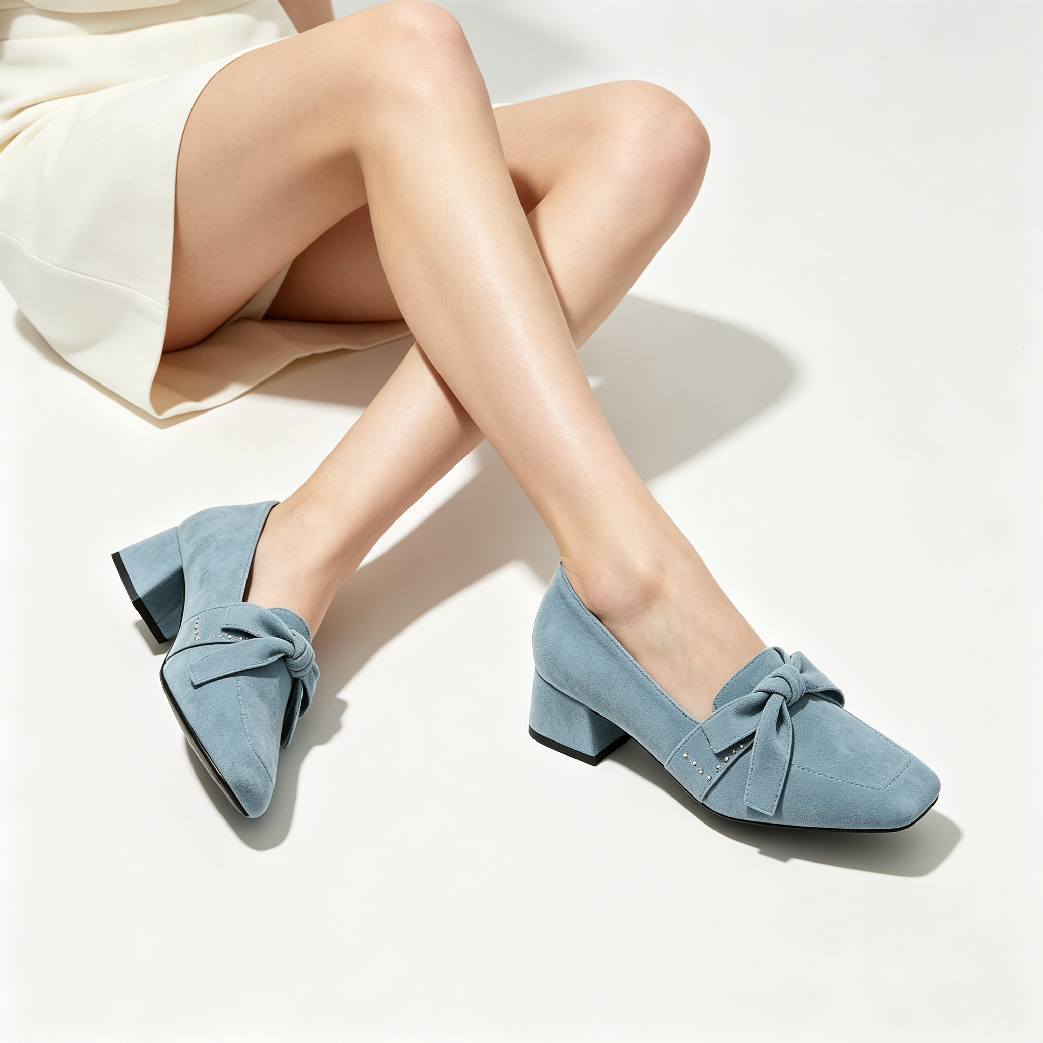Dusty Blue Suede Bow Decor Block Heel Loafers