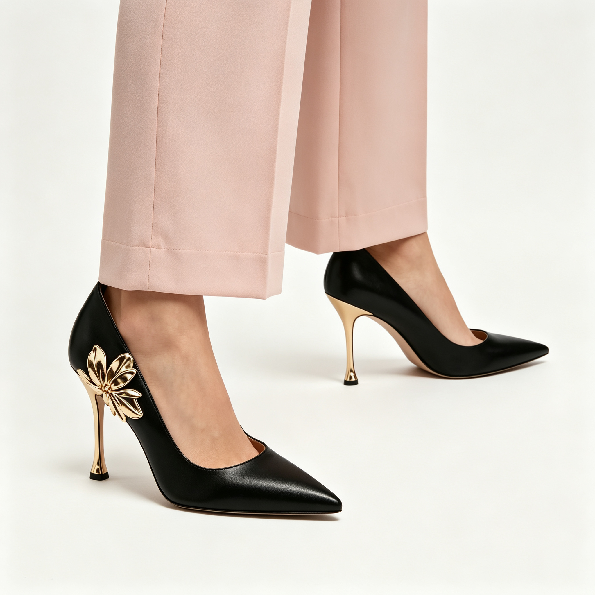 Black Smooth Leather Gold 3D Metal Flower Pointed Toe Stiletto Pumps