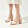 Nude Patent Mesh Peep-Toe Block Heel Pumps