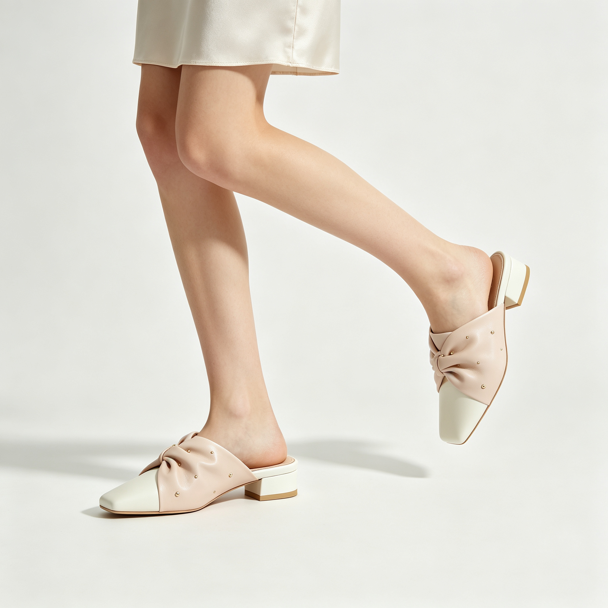 Two-Tone Nude White Studded Ruched Square Toe Flat Mules